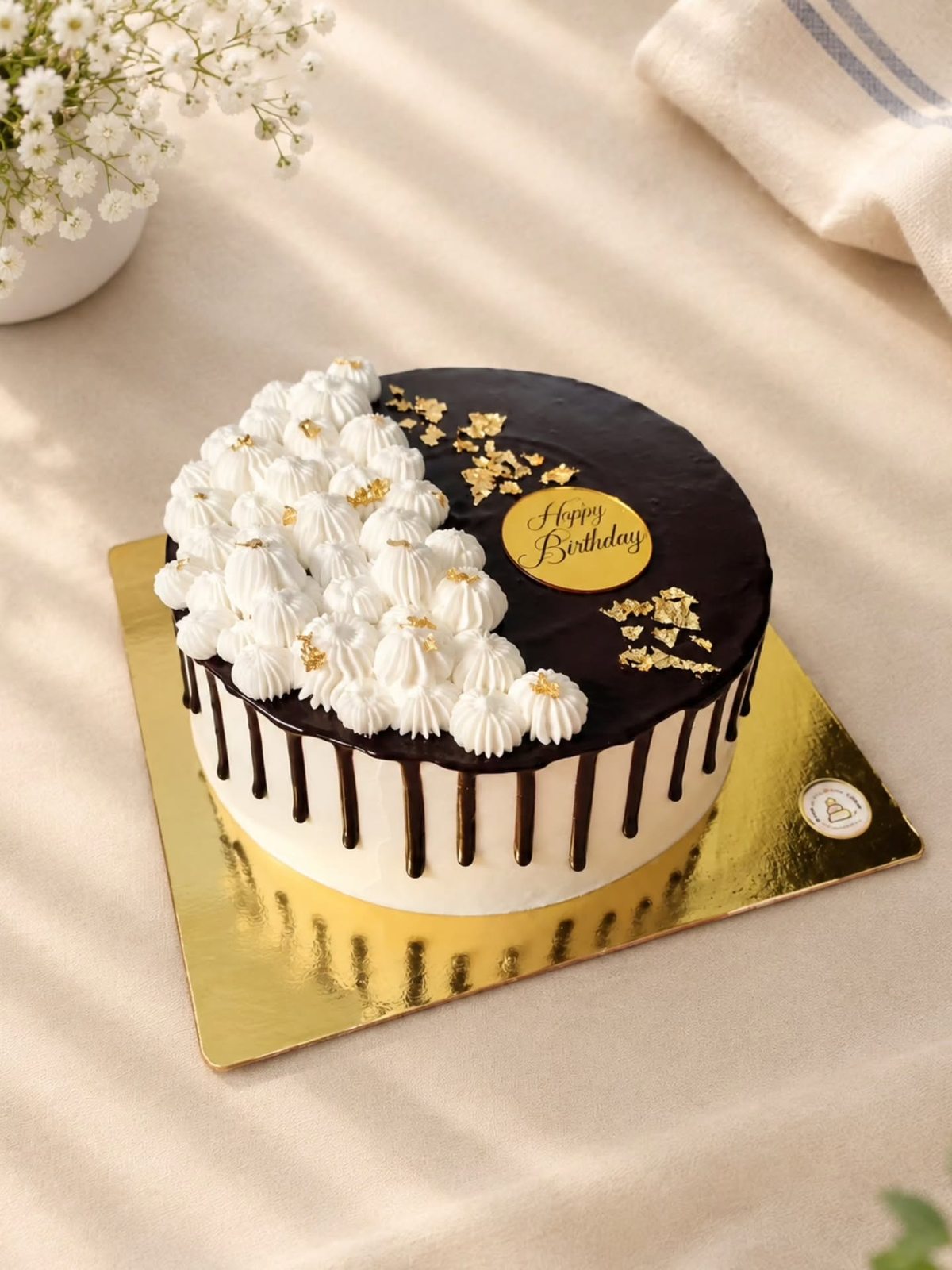 Black and gold drip cake with white florals