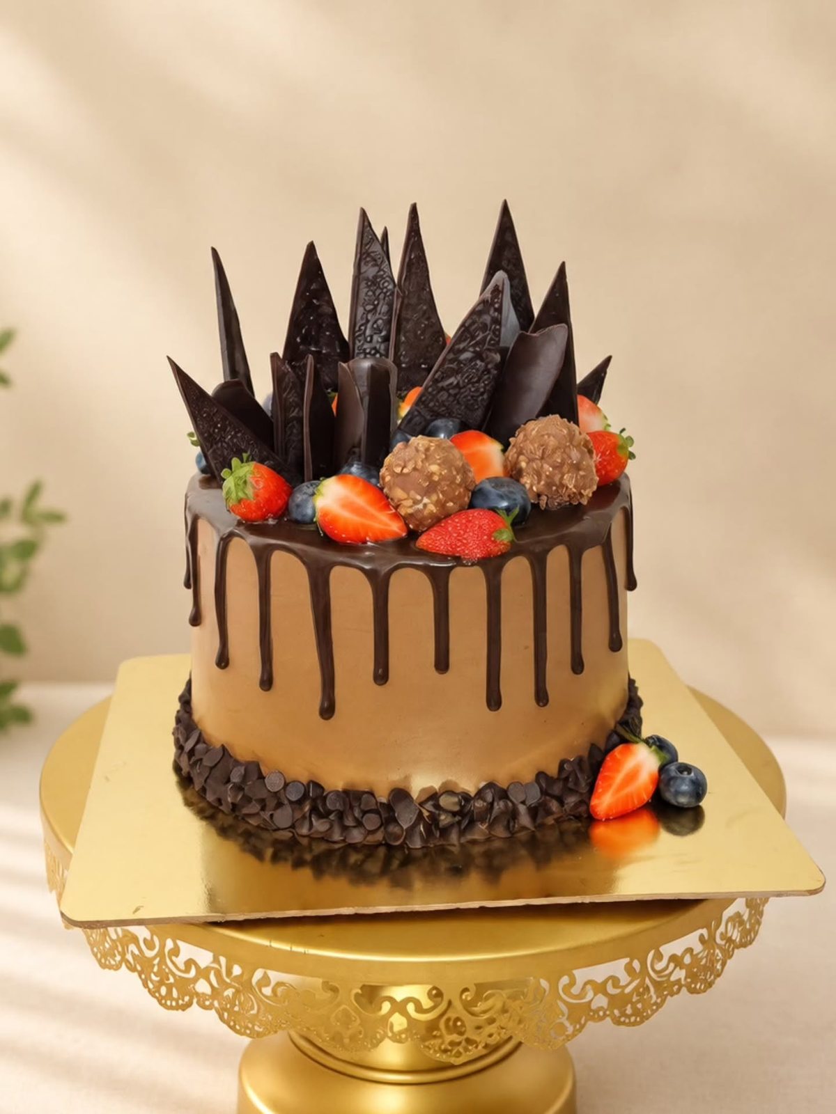 Chocolate drip cake with chocolate sails and strawberries